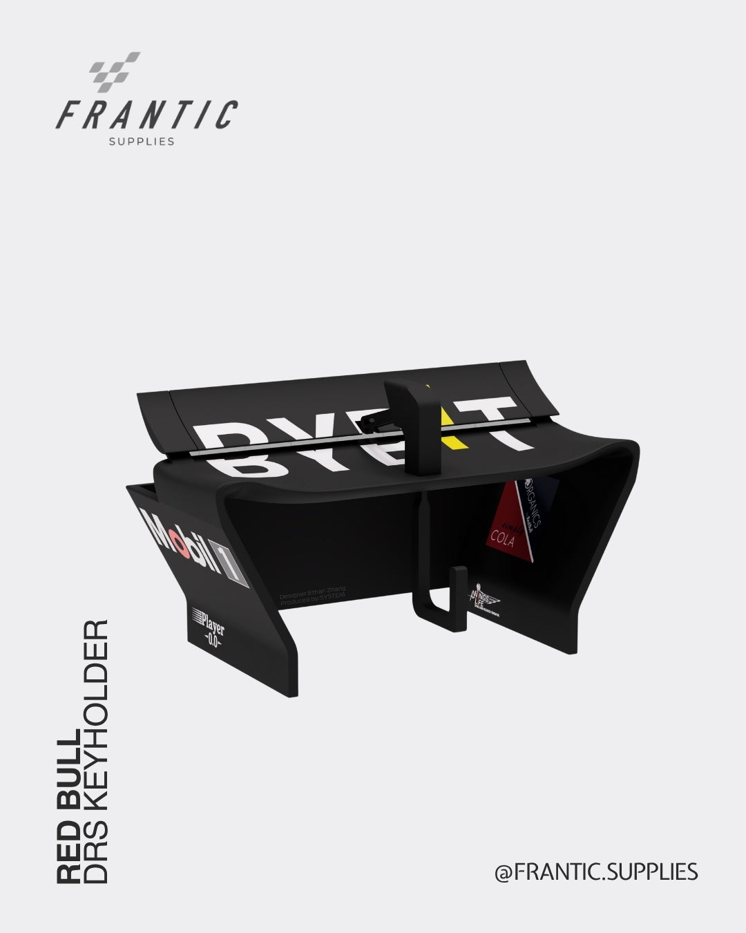 Black keyholder with multiple brand logos including Ferrari, DVK, and Petron on a white background, branded Frantic Supplies.