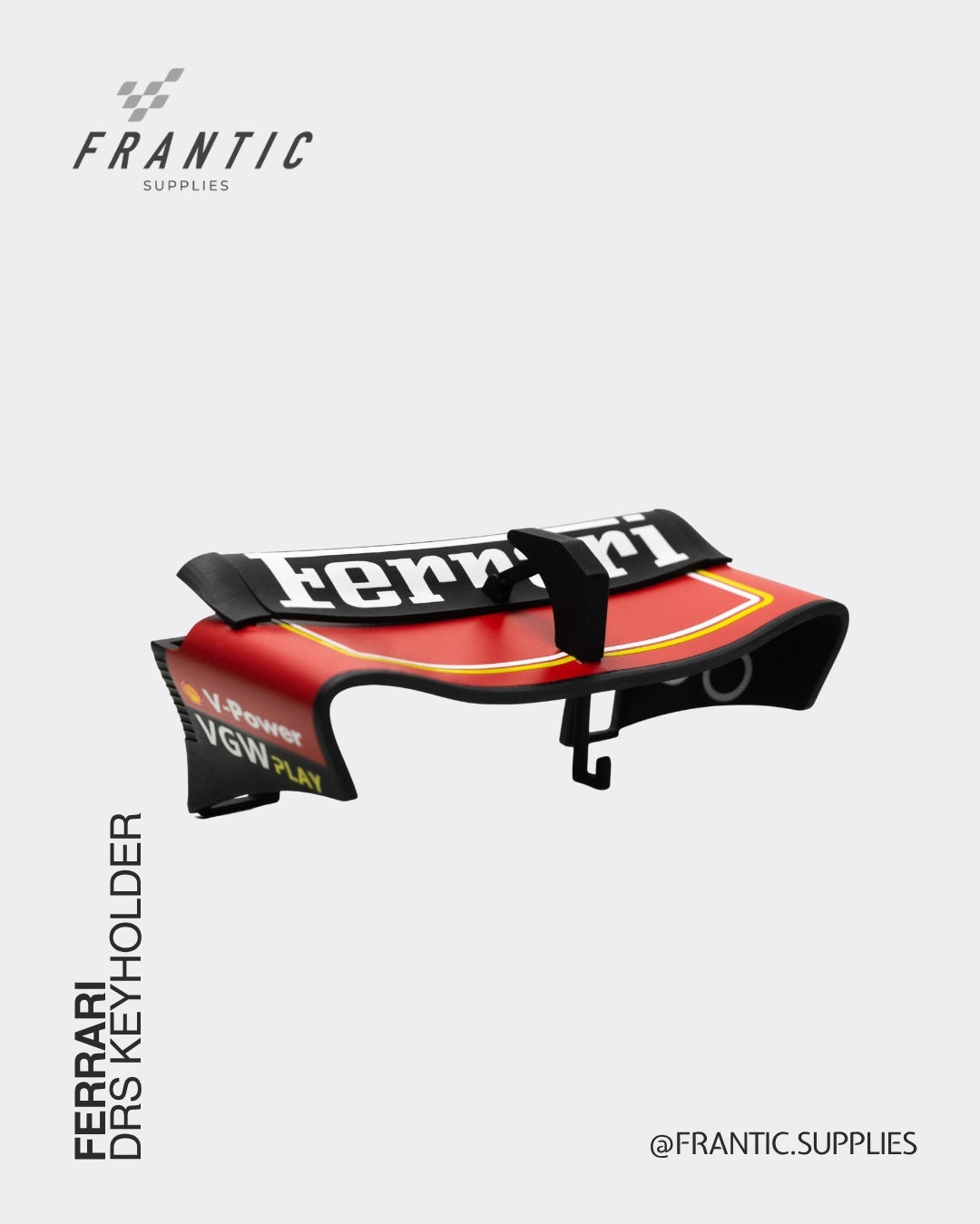 Red Ferrari DRS keyholder with Ferrari branding displayed on a white background, part of the Frantic Supplies collection.