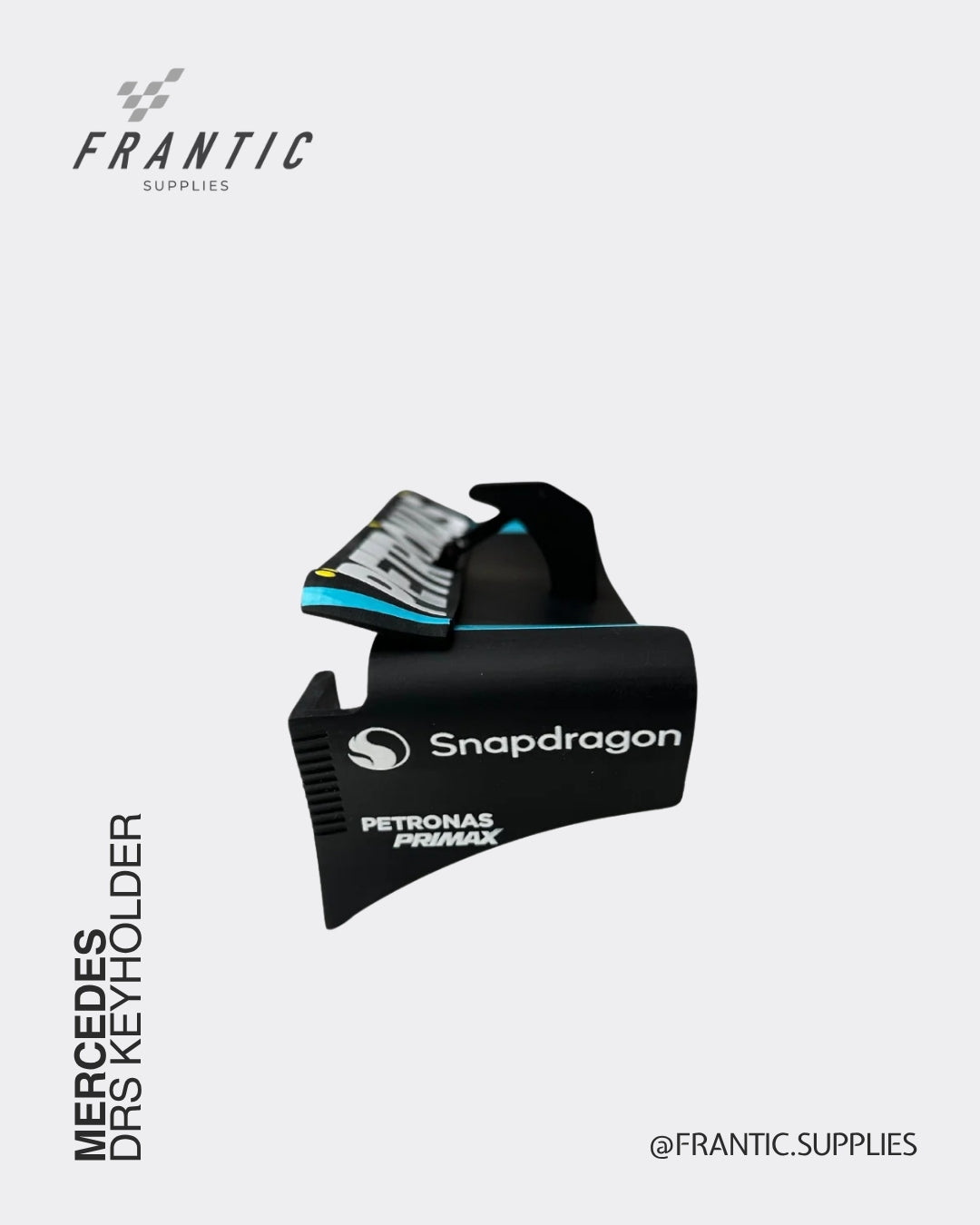 Mercedes DRS keyholder with Snapdragon and Petronas branding displayed on a white background, branded Frantic Supplies.