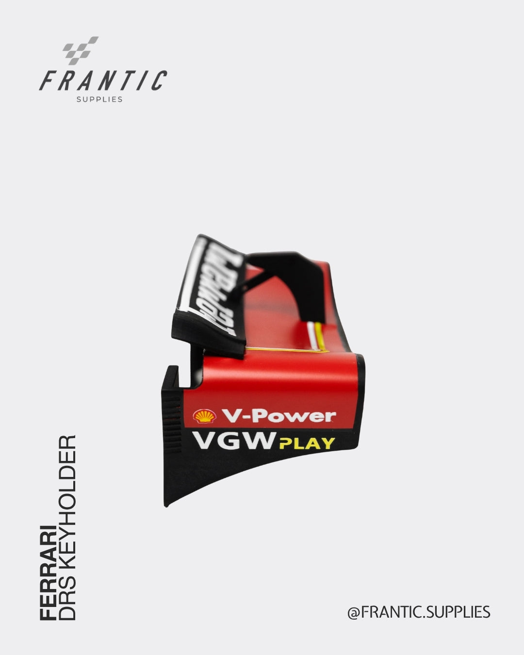 Red Ferrari DRS keyholder featuring V-Power VGW Play branding on a white background, branded Frantic Supplies.